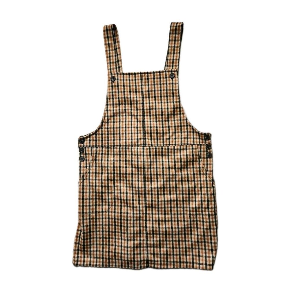 SO Plaid Pinafore Overall Dress Brown Tan Black Flannel Mini Pockets Sz M EUC